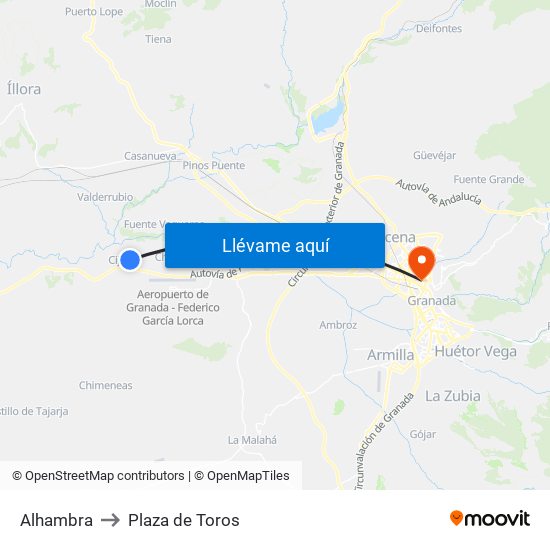 Alhambra to Plaza de Toros map