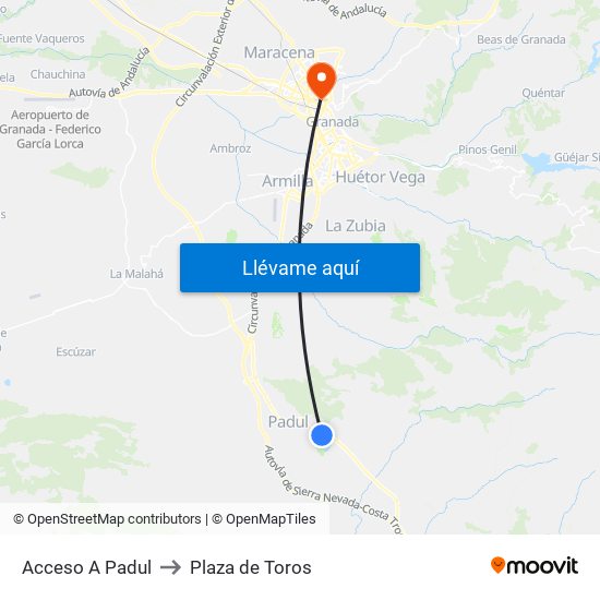 Acceso A Padul to Plaza de Toros map