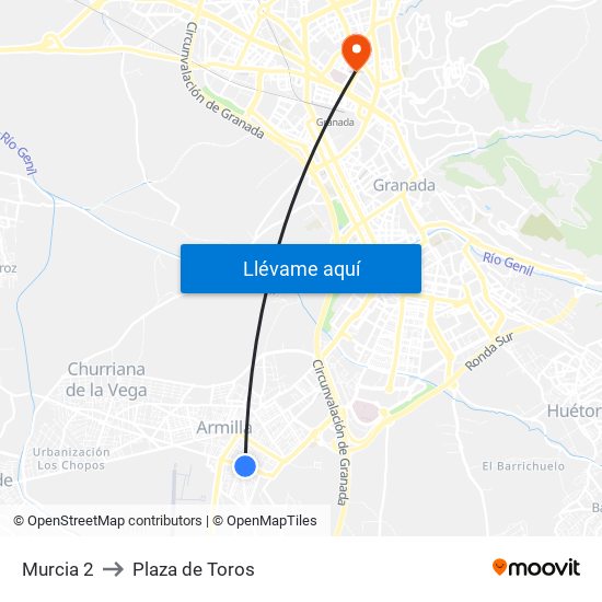 Murcia 2 to Plaza de Toros map