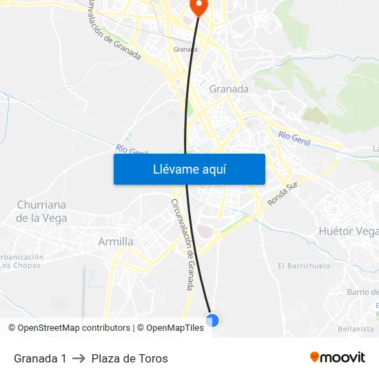 Granada 1 to Plaza de Toros map