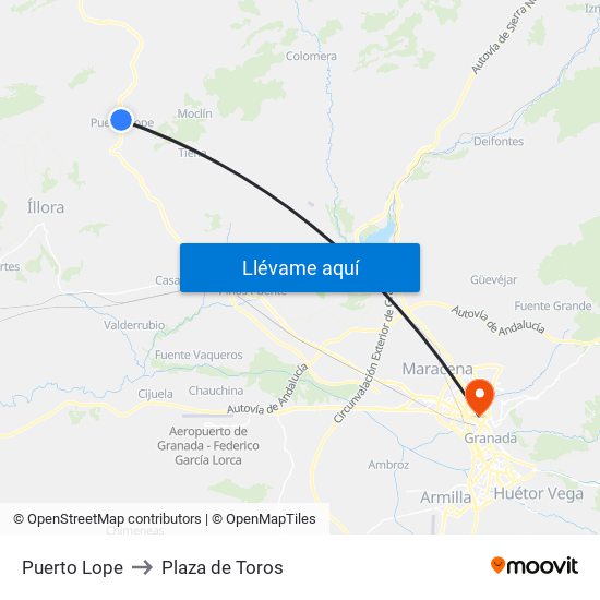 Puerto Lope to Plaza de Toros map