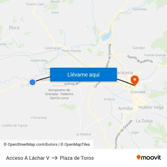 Acceso A Láchar V to Plaza de Toros map