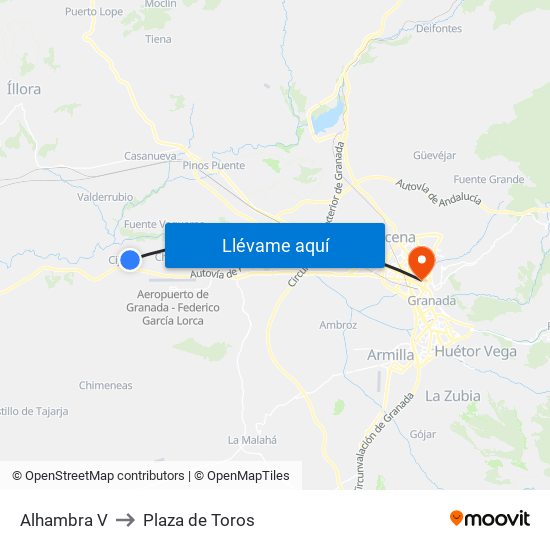 Alhambra V to Plaza de Toros map