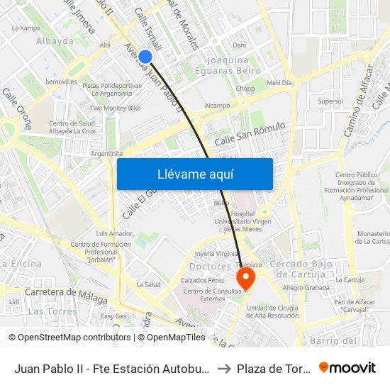 Juan Pablo II - Fte Estación Autobuses to Plaza de Toros map