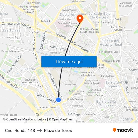 Cno. Ronda 148 to Plaza de Toros map