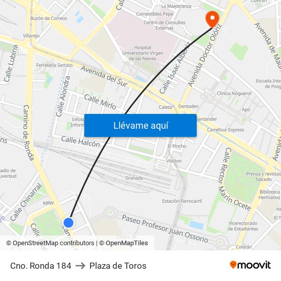 Cno. Ronda 184 to Plaza de Toros map