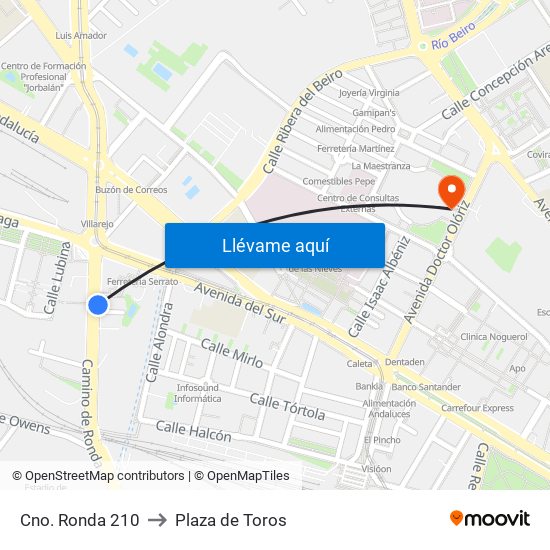 Cno. Ronda 210 to Plaza de Toros map