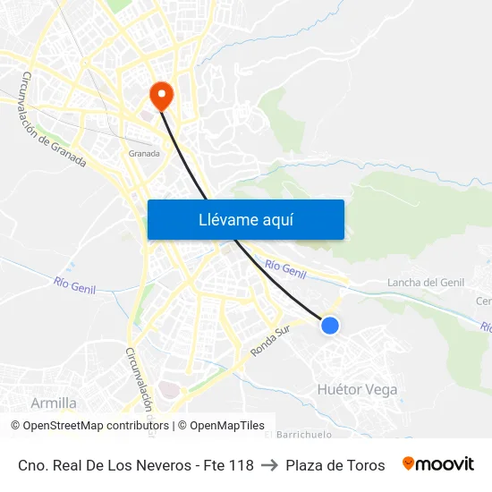 Cno. Real De Los Neveros - Fte 118 to Plaza de Toros map