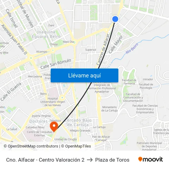 Cno. Alfacar - Centro Valoración 2 to Plaza de Toros map