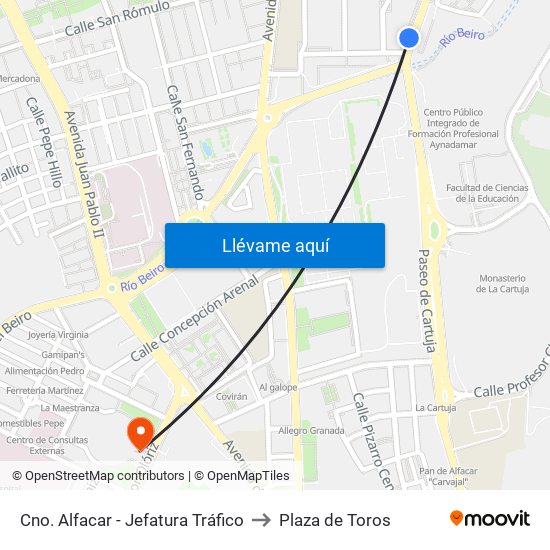 Cno. Alfacar - Jefatura Tráfico to Plaza de Toros map