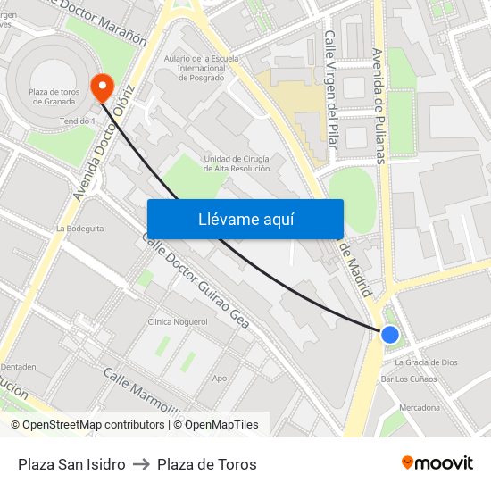 Plaza San Isidro to Plaza de Toros map