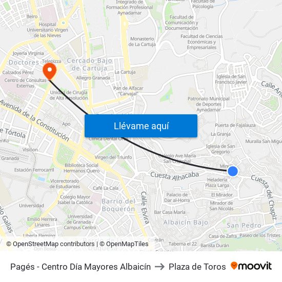 Pagés - Centro Día Mayores Albaicín to Plaza de Toros map