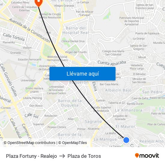 Plaza Fortuny - Realejo to Plaza de Toros map