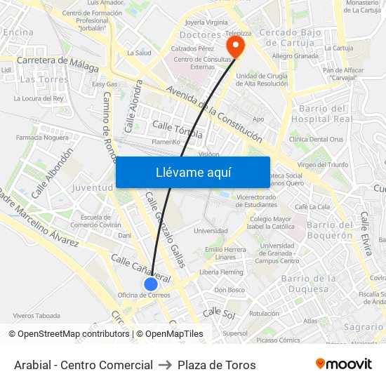 Arabial - Centro Comercial to Plaza de Toros map