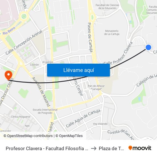 Profesor Clavera - Facultad Filosofía Y Letras to Plaza de Toros map
