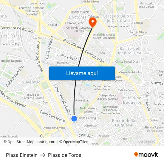 Plaza Einstein to Plaza de Toros map