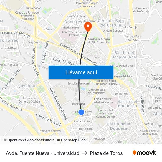 Avda. Fuente Nueva - Universidad to Plaza de Toros map