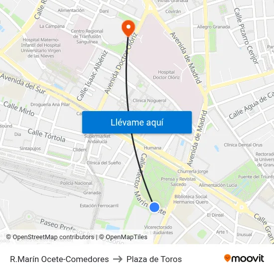 R.Marín Ocete-Comedores to Plaza de Toros map