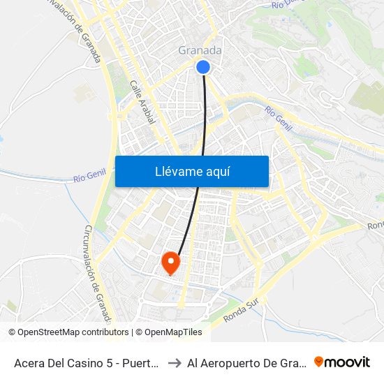 Acera Del Casino 5 - Puerta Real to Al Aeropuerto De Granada map