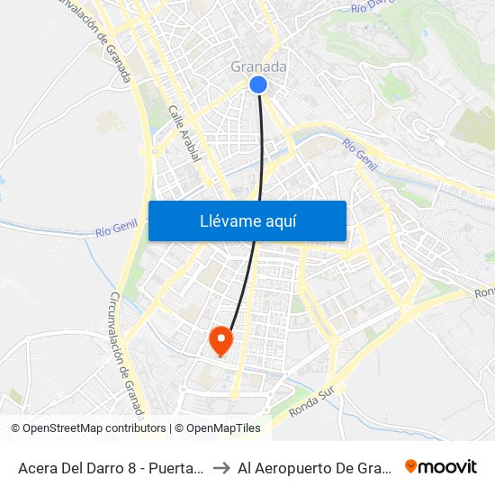 Acera Del Darro 8 - Puerta Real to Al Aeropuerto De Granada map