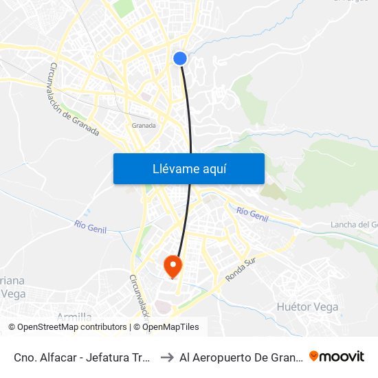 Cno. Alfacar - Jefatura Tráfico to Al Aeropuerto De Granada map