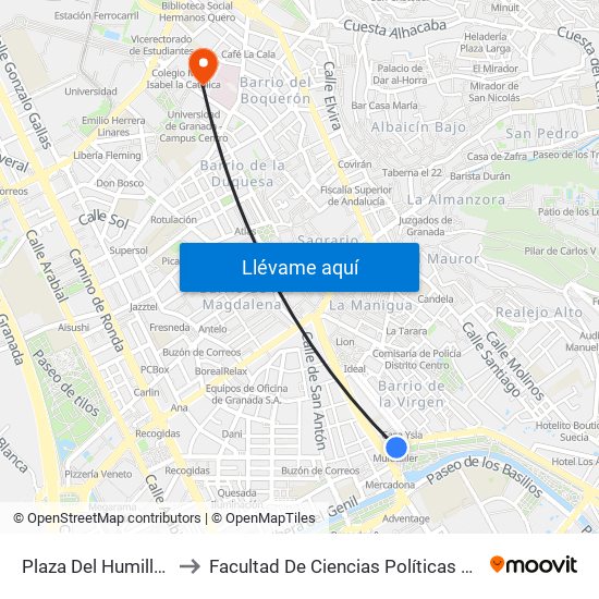 Plaza Del Humilladero 1 to Facultad De Ciencias Políticas Y Sociología map