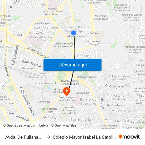 Avda. De Pulianas 1 to Colegio Mayor Isabel La Católica map