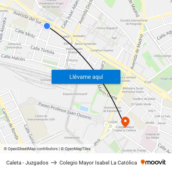Caleta - Juzgados to Colegio Mayor Isabel La Católica map