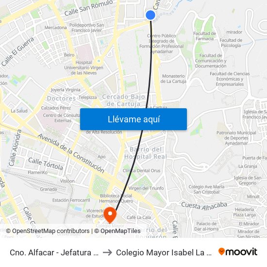 Cno. Alfacar - Jefatura Tráfico to Colegio Mayor Isabel La Católica map