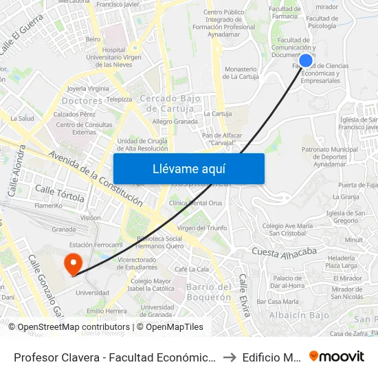 Profesor Clavera - Facultad Económicas Y Empresariales to Edificio Mecenas map