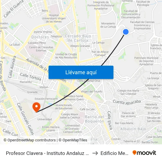 Profesor Clavera - Instituto Andaluz De Geofísica to Edificio Mecenas map