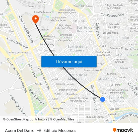 Acera Del Darro to Edificio Mecenas map