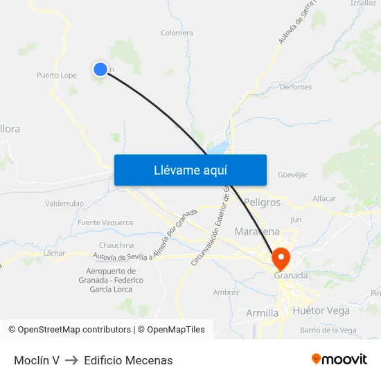 Moclín V to Edificio Mecenas map