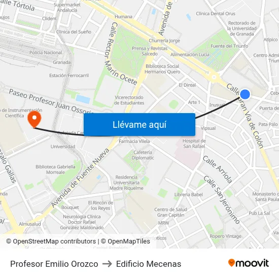 Profesor Emilio Orozco to Edificio Mecenas map