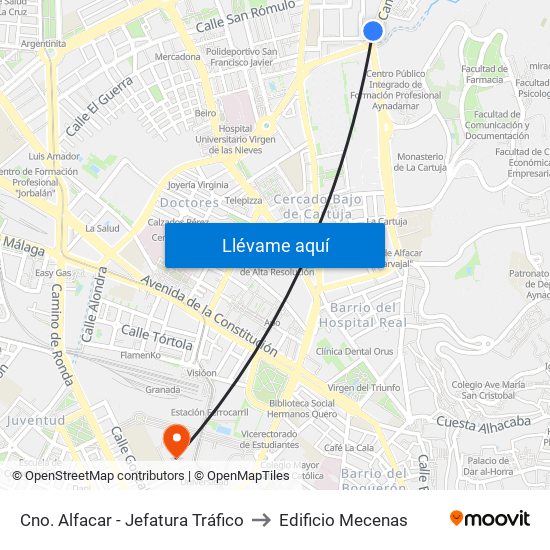 Cno. Alfacar - Jefatura Tráfico to Edificio Mecenas map