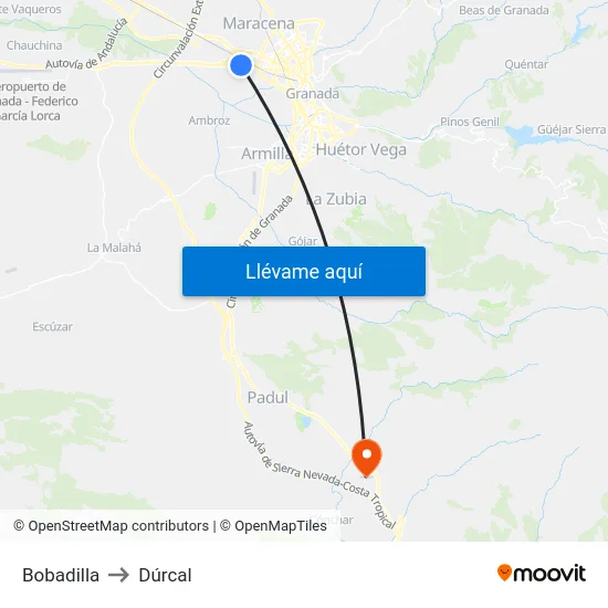 Bobadilla to Dúrcal map