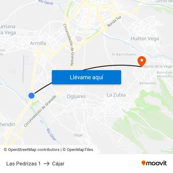 Las Pedrizas 1 to Cájar map
