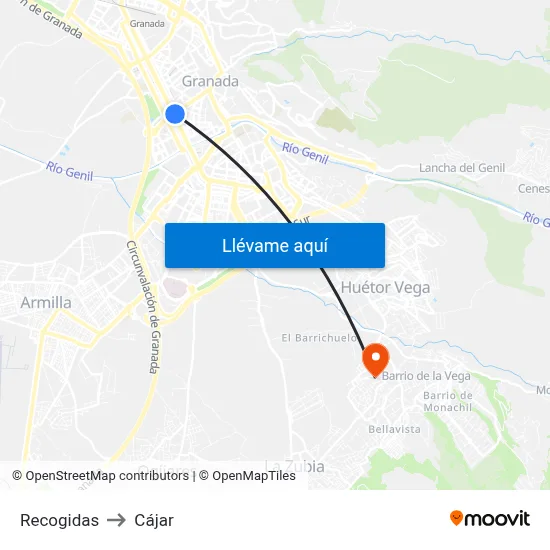 Recogidas to Cájar map