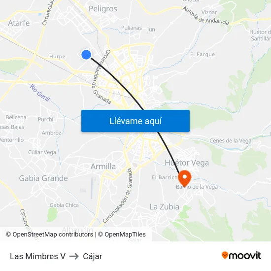 Las Mimbres V to Cájar map