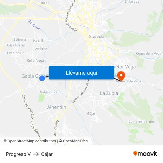 Progreso V to Cájar map