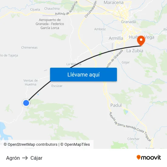 Agrón to Cájar map
