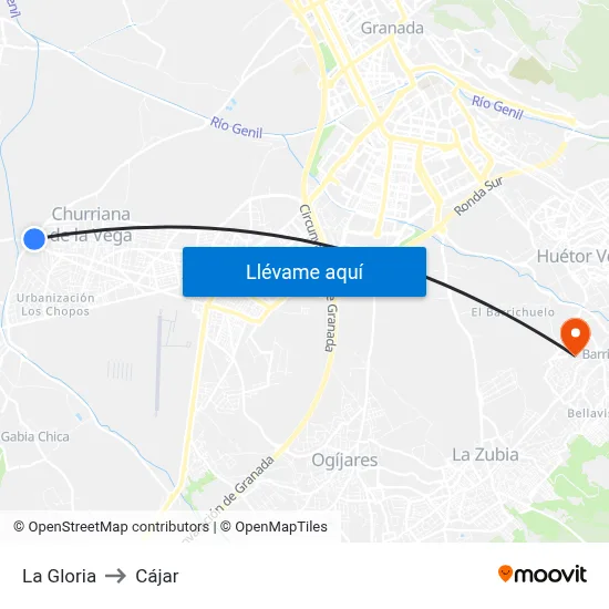 La Gloria to Cájar map