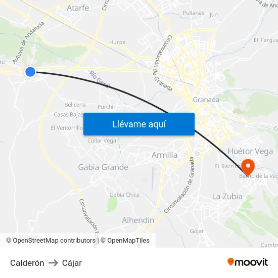 Calderón to Cájar map
