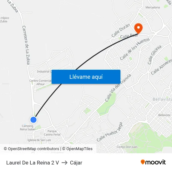 Laurel De La  Reina 2 V to Cájar map