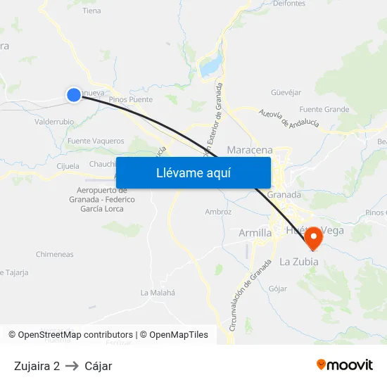 Zujaira 2 to Cájar map