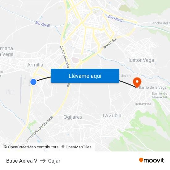 Base Aérea V to Cájar map