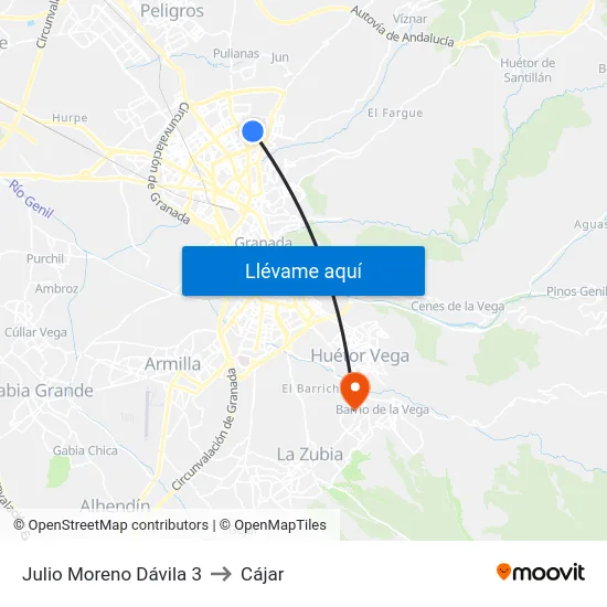 Julio Moreno Dávila 3 to Cájar map