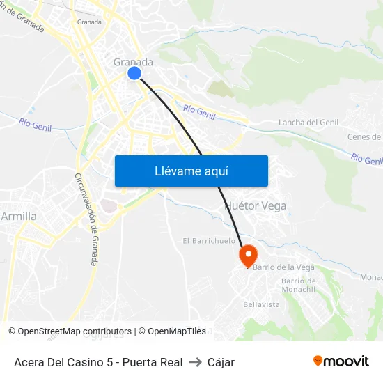 Acera Del Casino 5 - Puerta Real to Cájar map