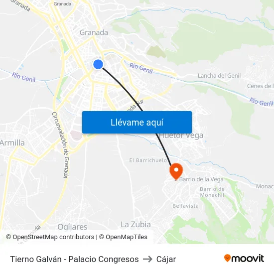 Tierno Galván - Palacio Congresos to Cájar map