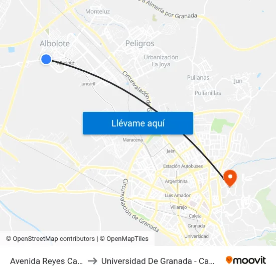 Avenida Reyes Católicos 64 to Universidad De Granada - Campus De Cartuja map
